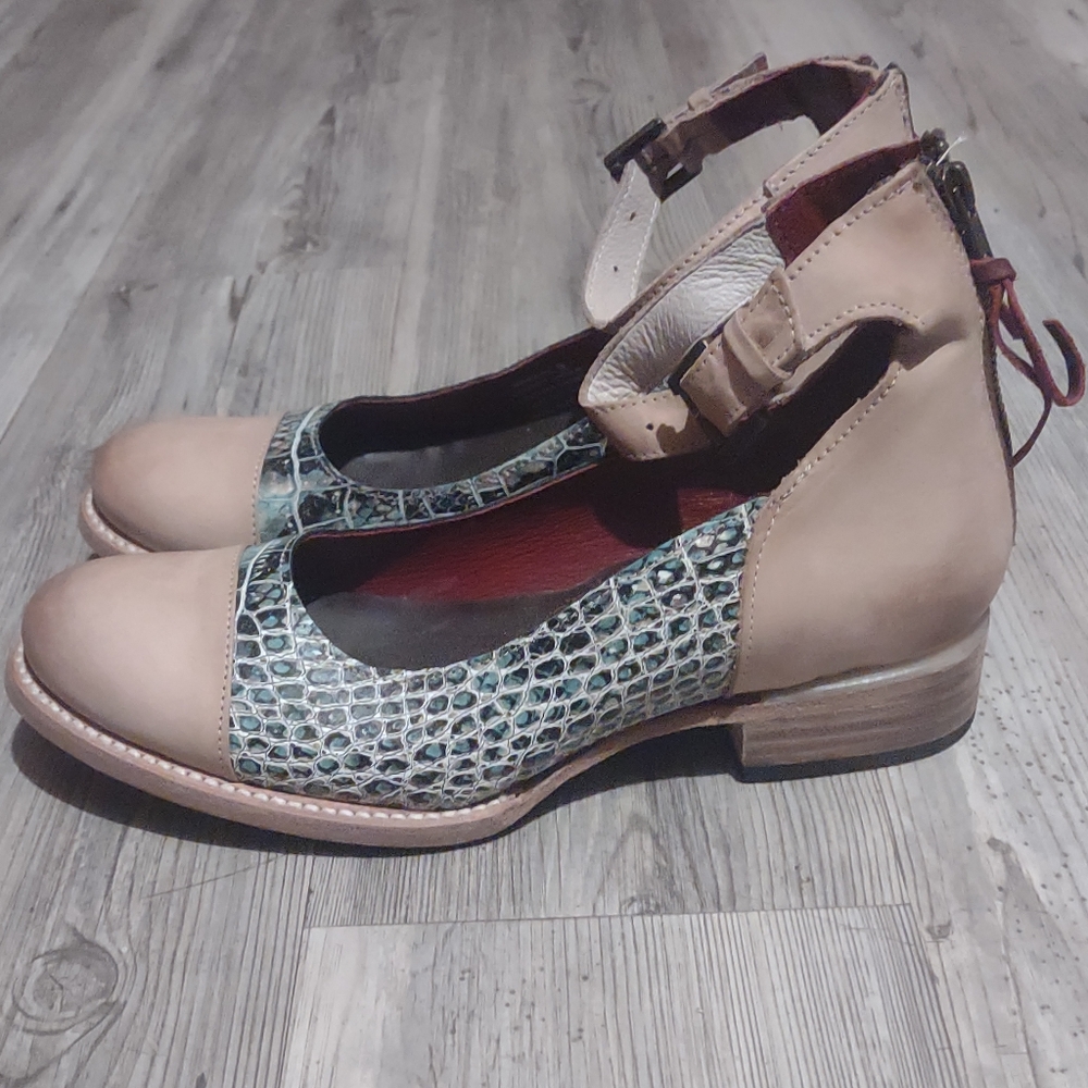 Freebird by Steven Beige and Green Croc-Accent Ankle Strap Flats